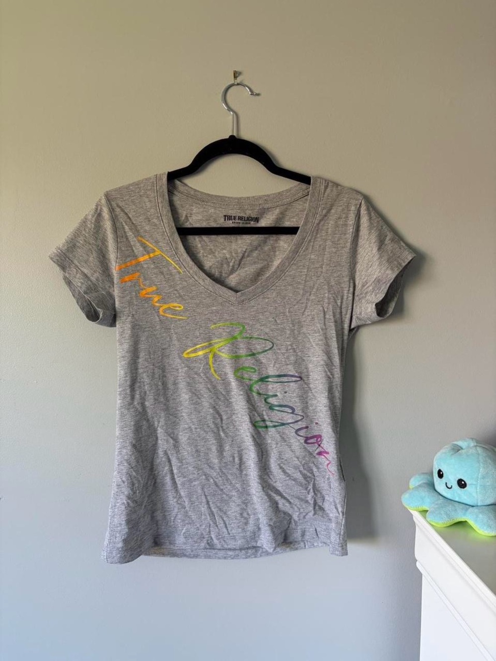 True Religion Heather Gray V-Neck Tee with Black Logo